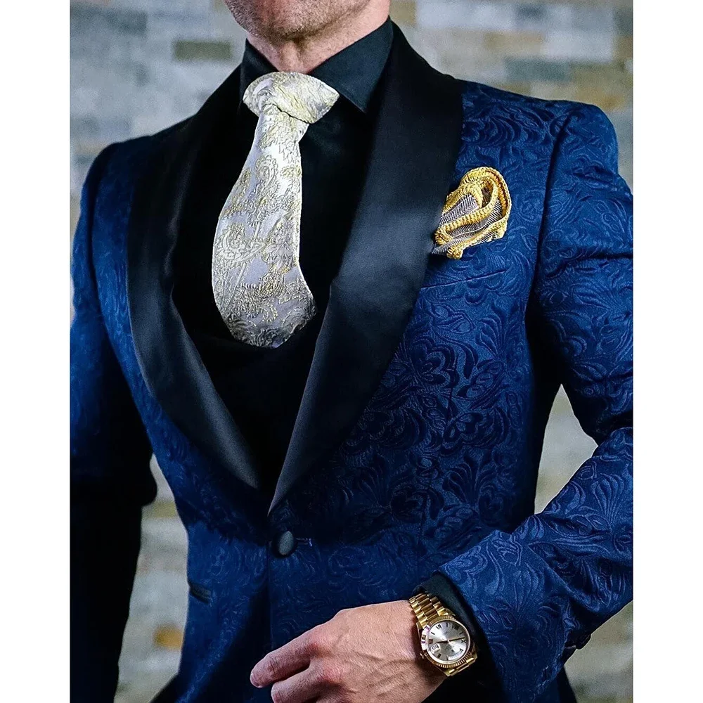 Men Jackets Royal Blue High-end Jacquard Shawl Lapel One Button Coat 1 Piece Fashion Groom Wedding Party Prom Jacket Slim