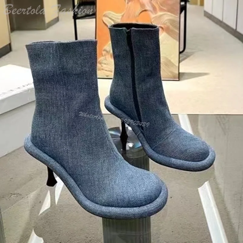 Women Blue Denim Large Stiletto Boots Black Leather Vintage Round Ankle Calf Booties Casual Dress Gray Knee Long Winter Shoes