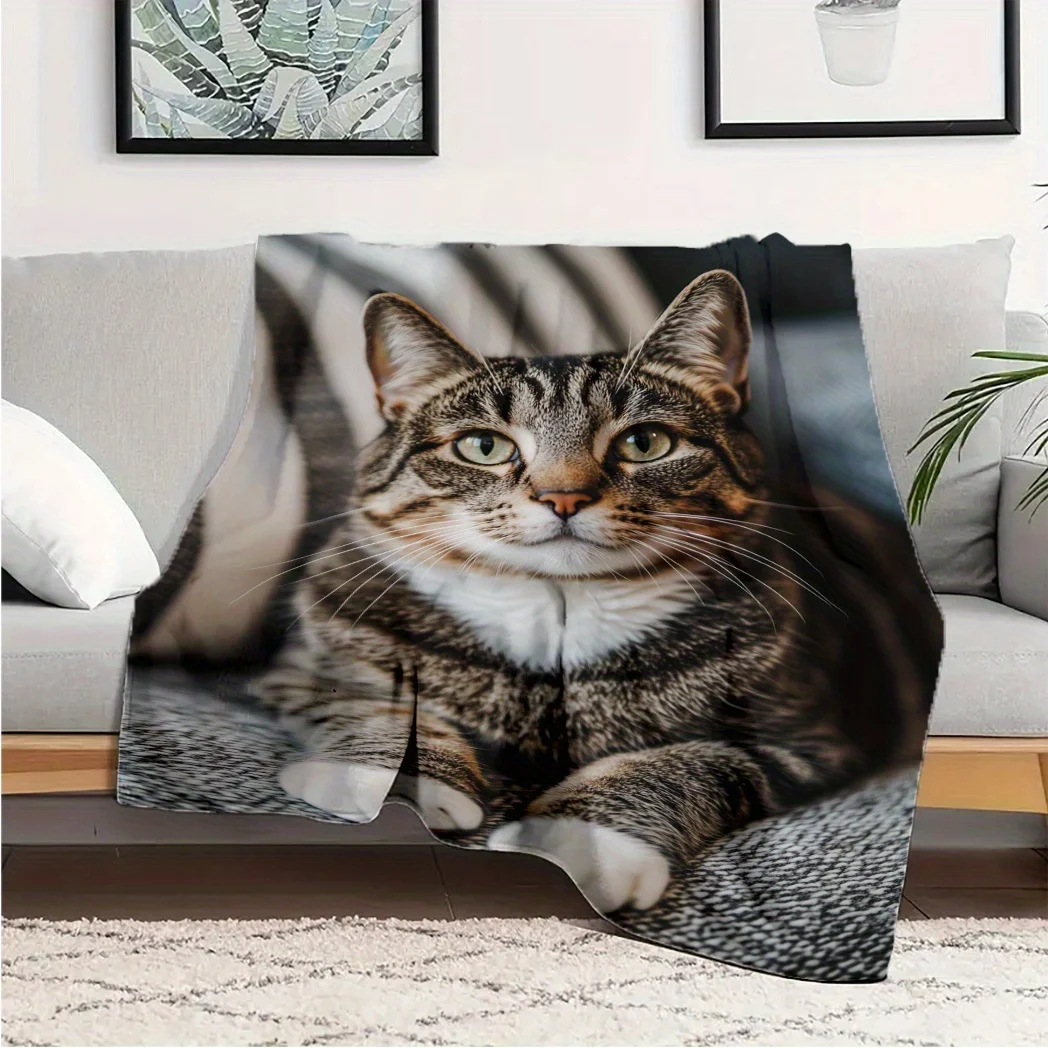 Tabby Cat Blanket Realistic Photo Print Soft Fleece Throw Pet Lover Gift for Cat Owners Home Decor Cozy Bedding