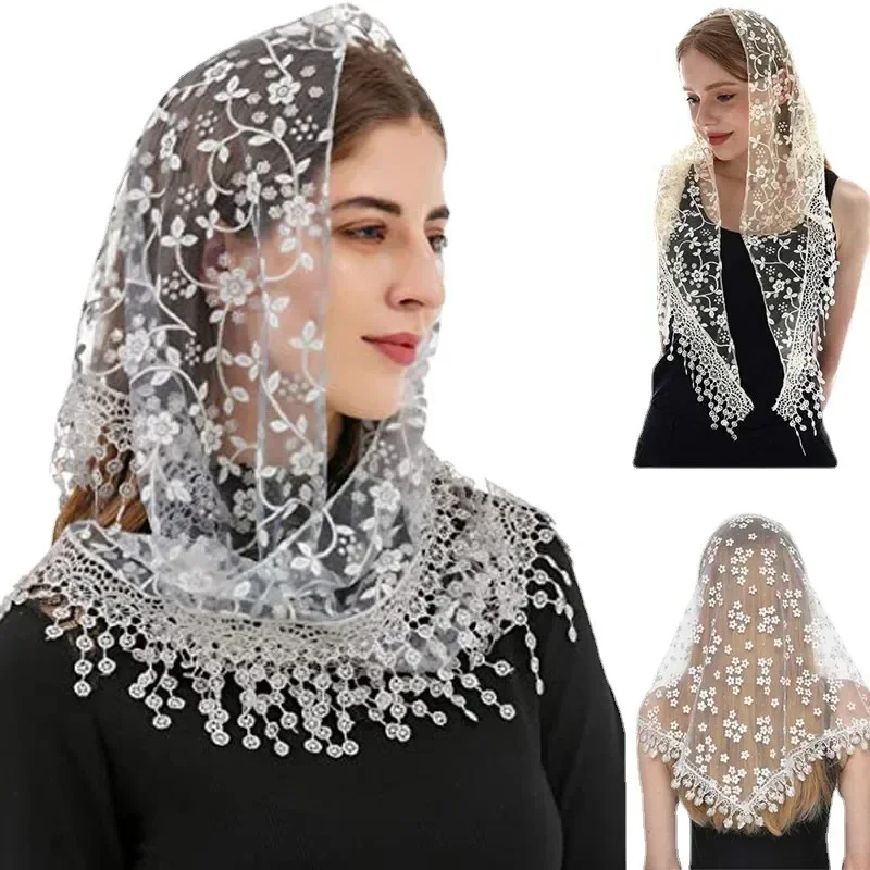 Lenço triangular de renda feminino para igreja cachecol bordado borla xale de igreja pingente de renda espanhola mantilla véu capa de cabeça