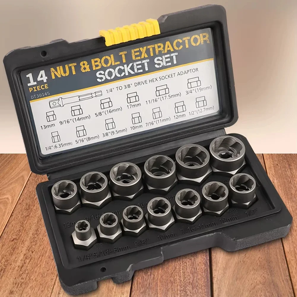 Bolt Extractor Tool Set 14 Piece Impact Bolt & Nut Remover Set Steel Bolt Extraction Tool Set Non-Skid Nut Folding Tool