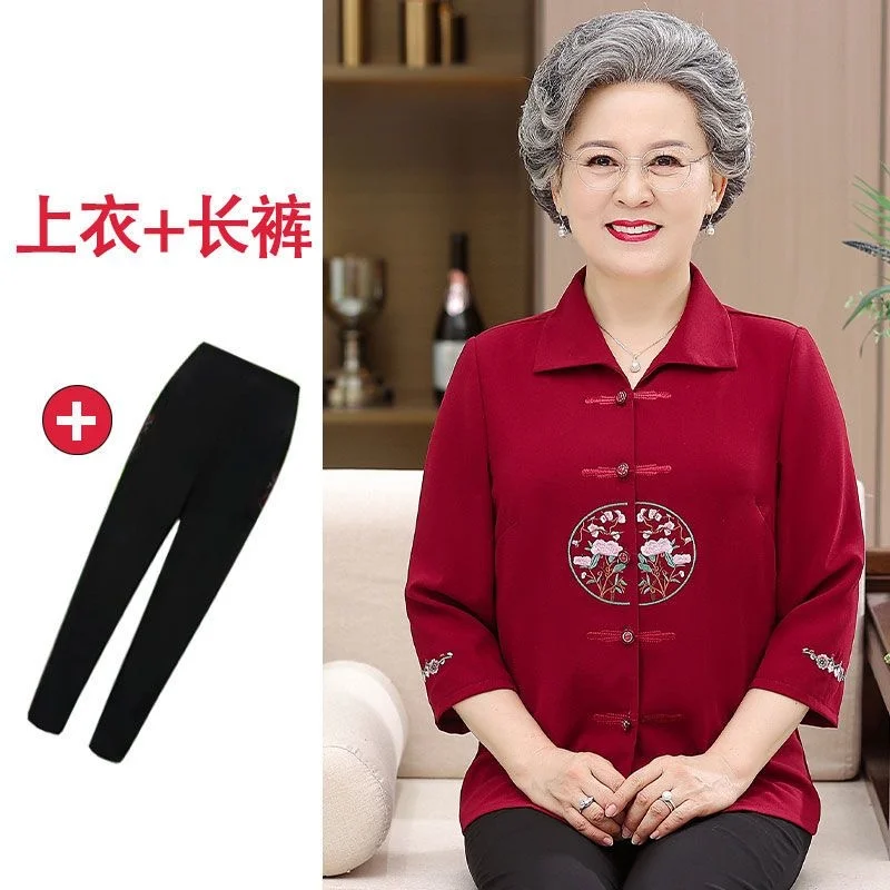 2024Elderly Summer Dress New Clothes Female Grandma Seven-quarter Sleeve Mother Old Lady Loose Embroidered Elderly Women's Shirt