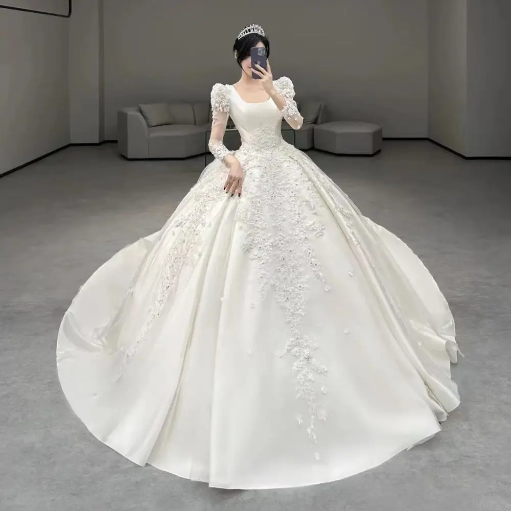 Vestido de novia de manga larga para mujer, calcomanía de satén con cuello cuadrado, cuentas, ceremonia de boda, tren de lujo, ocasión Formal