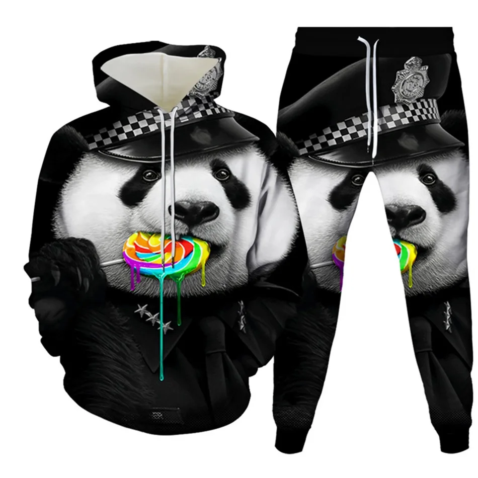 Men Autumn Hoodies+Pants Set Animal Panda Monkey Cartoon Sports Suit Women Tracksuits Clothing Casual Hoody Pullover+Trousers