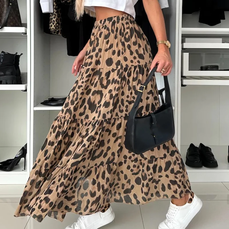 New Fashion Street Big Hem Party Skirts Vintage Leopard Print Pleated Half Skirt 2024 Women Elegant High Waist Loose Long Skirts