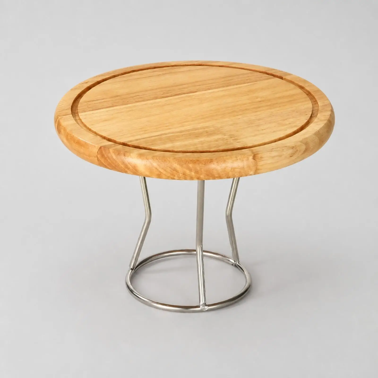 Round Oak Pizza Serving Board with Metal Stand Thick Elevated Pizza Board with Raised Rim Multipurpose Decorative
