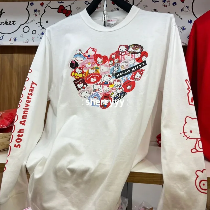 Sanrio Hello Kitty Pure Cotton New Long Sleeved Tees Cute Cartoon Print Round Neck T-shirt Japanese Style Casual Loose Trend Top