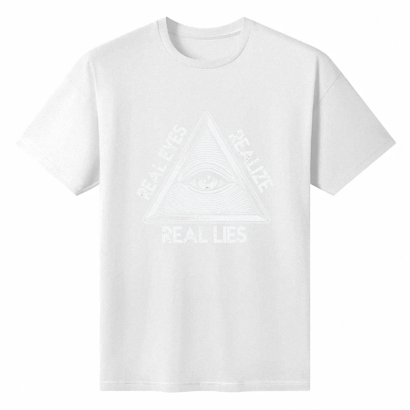 Real Eyes Realize Real Lies T-Shirt Illuminati Eye Graphic Tee for Men Thought-Provoking Design Black Casual Streetwear Top