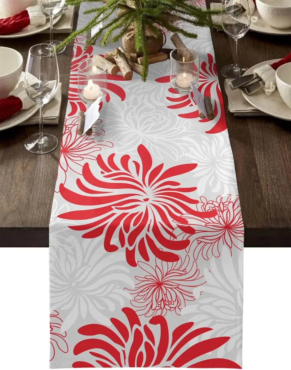 Christmas Red Chrysanthemum Flower  2026 Table Runner Party Decor Winter Xmas Kitchen Dining Table Runners Christmas Decorations