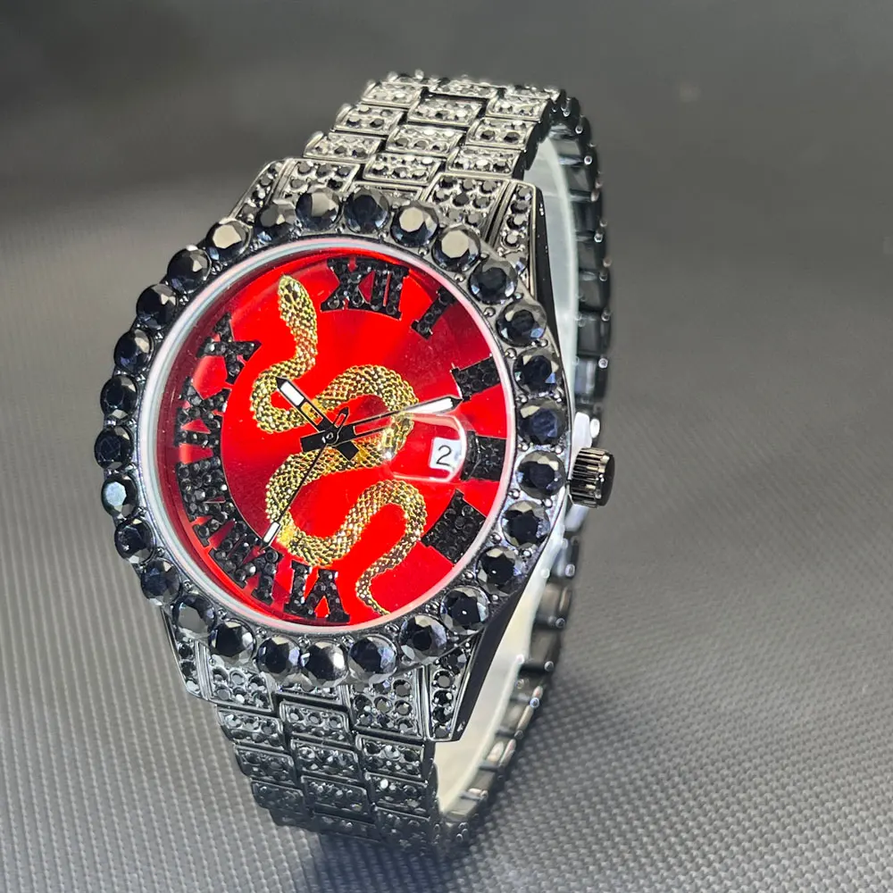 MISSFOX Hip Hop Men Watches Luxury Quartz Movement Black Wristwatch Year Of Snake Diamond Ice Out Watch For Man Gift Hot Sale