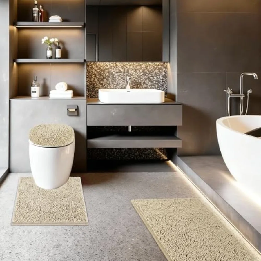 

Набор ковриков для ванной комнаты, 3 шт., с регулируемым чехлом для унитаза 19,5x18,5 дюймов, машинная стирка, с нескользящей резиновой основой из TPR