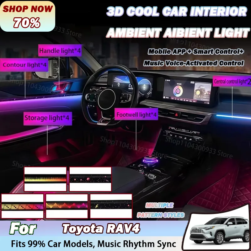 For Toyota RAV4 LED Car Interior Ambient Strip Lights RGB Fiber Optic Atmosphere Neon Lighting APP Auto Decorative Lamps
