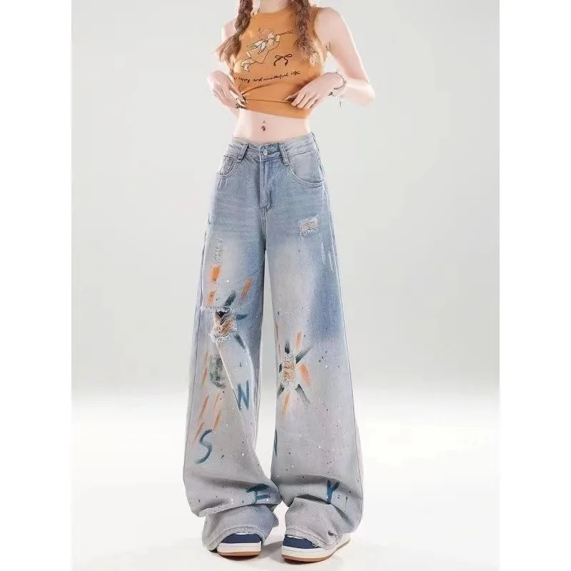 Autumn and Winter New Mopping Wide Legs Europe and The United States Loose High Waist Straight Slim Jeans Women