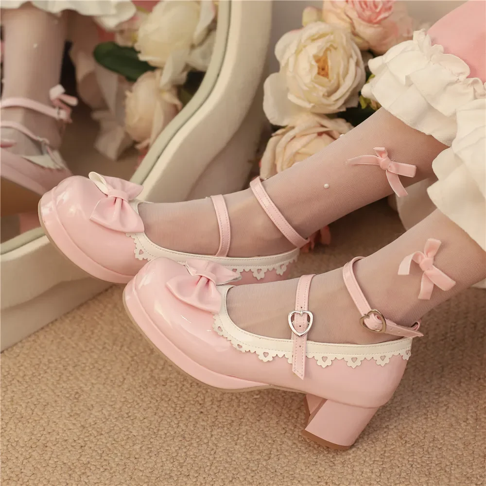 

Sweet Girls Лакированная кожа Лолита Туфли Мэри Джейн с оборками Женские туфли-лодочки на платформе для свадебной вечеринки с ремешком на щиколотке Розовые туфли на среднем каблуке