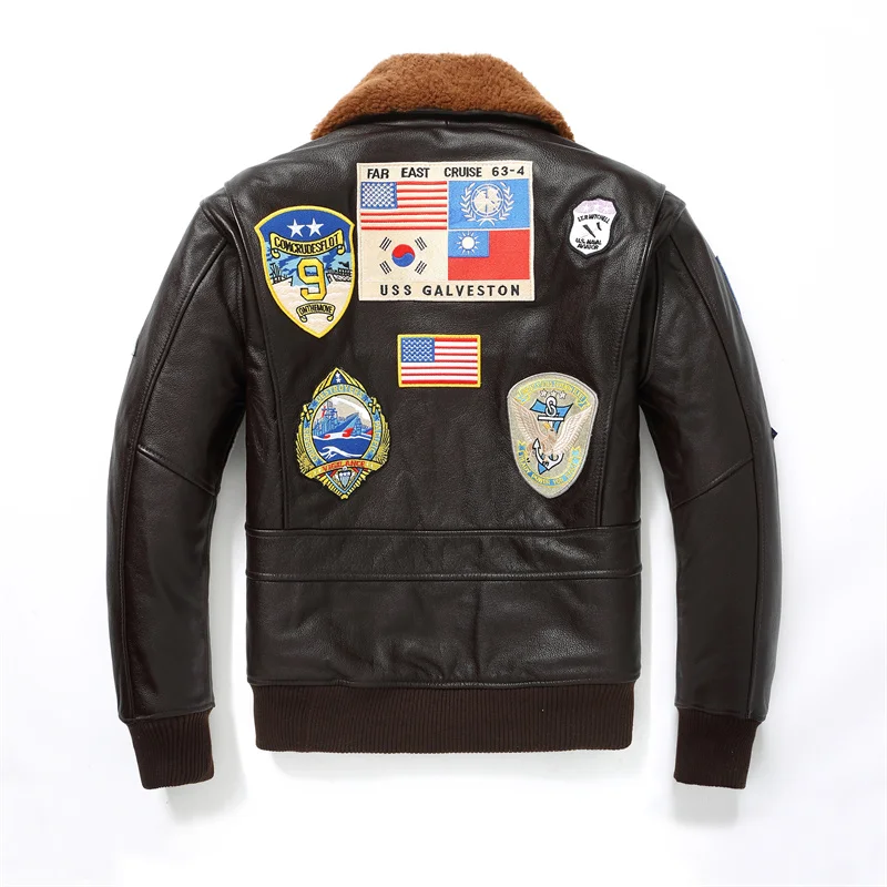 Dark Brown Top Gun Pilot Leather Jacket Men Military Style Europe Size Natural Cowhide Korean Air Force Flight Leather Coat