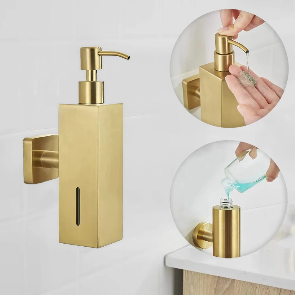 304 Brushed Stainless Steel Manual Soap Dispenser Wall Mounted Golden Black Square Round Soap Dispenser for Hotel Bathrooms