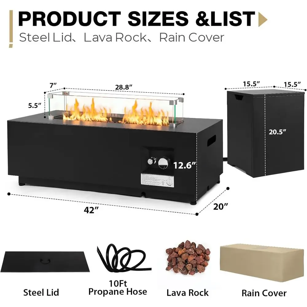 42 Outdoor Propane Fire Pit Table with 50,000 BTU Natural Gas Option, Tank Cover and Wind Guard, Easy Setup for Patio and Backya