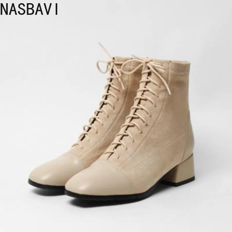 

NASBAVI Winter Women Ankle Boots Shoes Solid Black Beige Lace-up Square Toe Rubber Elegant Fashion Low Heels Women Boots 43