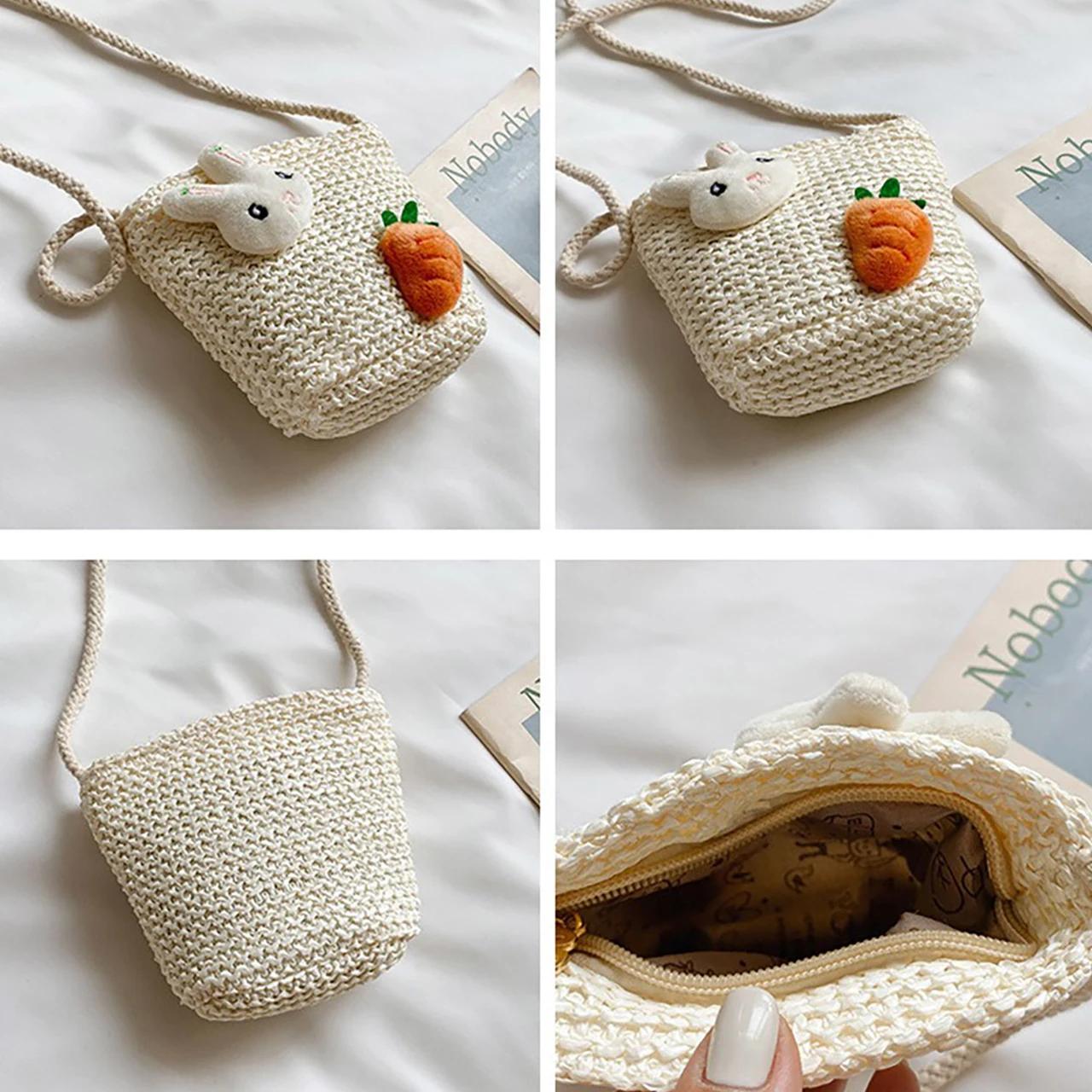 Straw Woven Shoulder Bags For Children Beach Handbags Cute Cartoon Crossbody Bag Outdoor Travel Children Wallets Small Moneybag