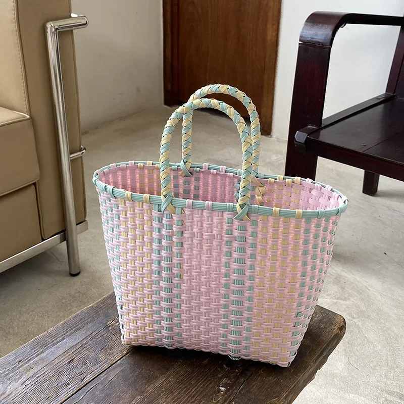 2024 New Vegetable Basket Summer Fashion PVC Handbag Hand Woven Bag Patchwork Striped Tote Beach Bags Purses and Handbags