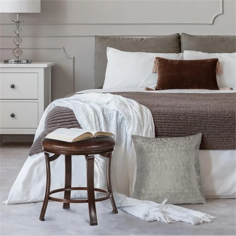 مقعد فانيتي بني عتيق، مقعد مكياج بدون ظهر مع أرجل خشبية كلاسيكية. مقعد طاولة تزيين أنيق لغرفة النوم والدوار. #3