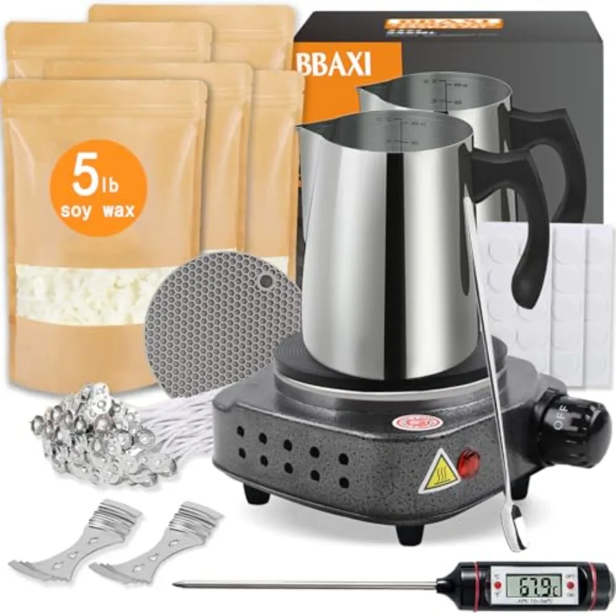 

Набор для изготовления свечей для взрослых: воск для плавления, включая чашу для заливки, ложку для распределения воска, хлопковые фитили, центрирующие устройства и другие принадлежности.