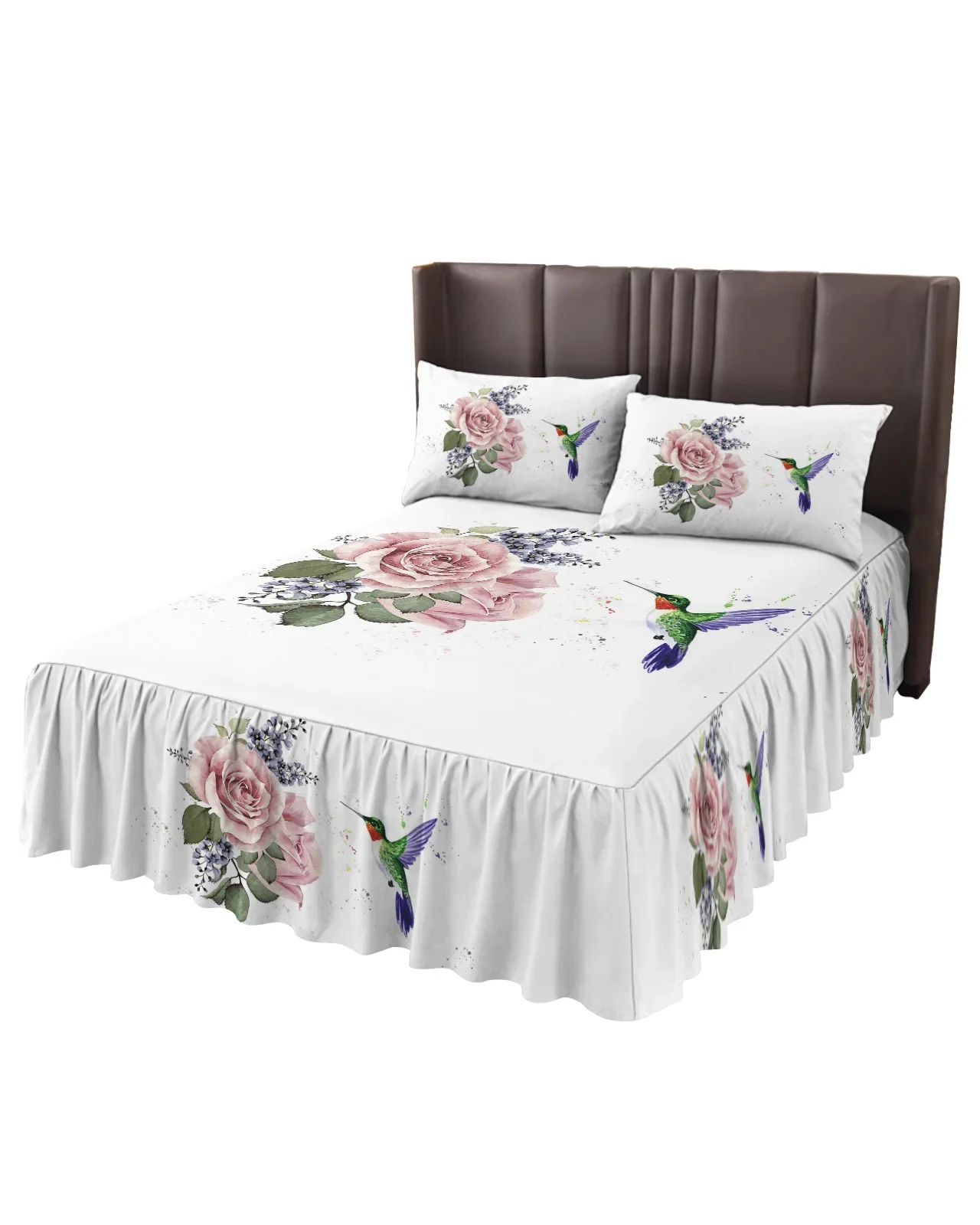 Hummingbird Pink Flower White Bed Skirt Elastic Fitted Bedspread With Pillowcases Mattress Cover Bedding Set Bed Sheet