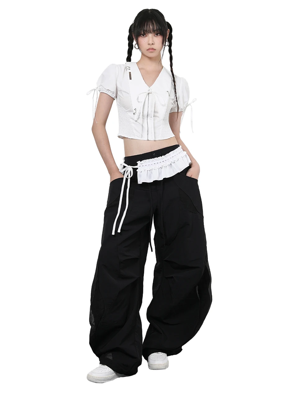 

Casual Loose Knife Pleat Long Pants Bla White Me Deconstructed Patchwork Workwear Straight Leg Pants Summer Season