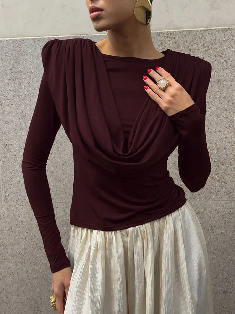 

BKQU модная женская футболка с открытым вырезом и рюшами, однотонные элегантные утягивающие топы с длинными рукавами, весна 2026, новая темпераментная рубашка, футболки