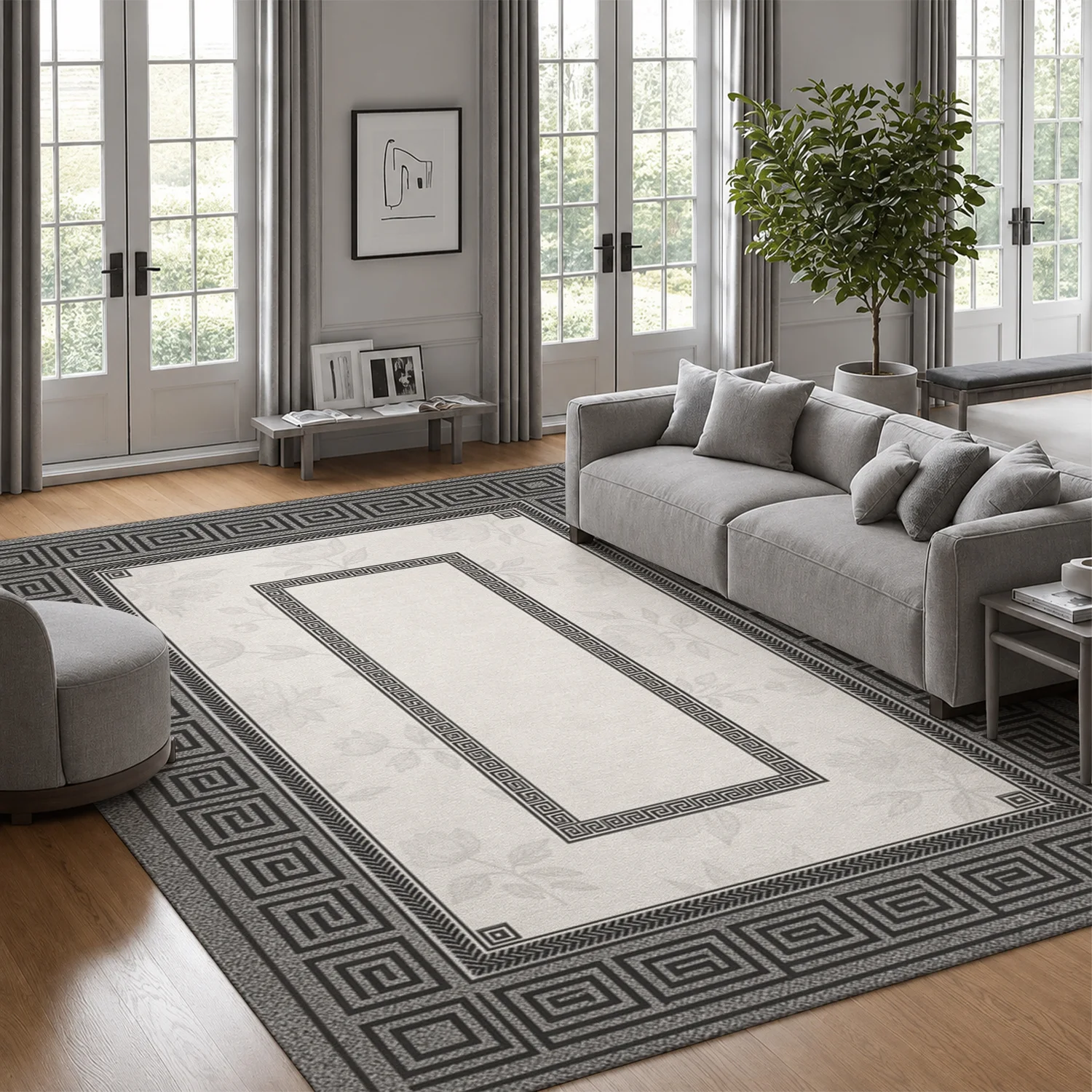 Greek Key Floral Pattern Velvet Area Rug, Machine Washable, Ideal for Living Room, Bedroom, Entryway, Dining Space, Great for Halloween, Thanksgiving, Christmas, New Year, Black Friday, Cyber Monday Decor