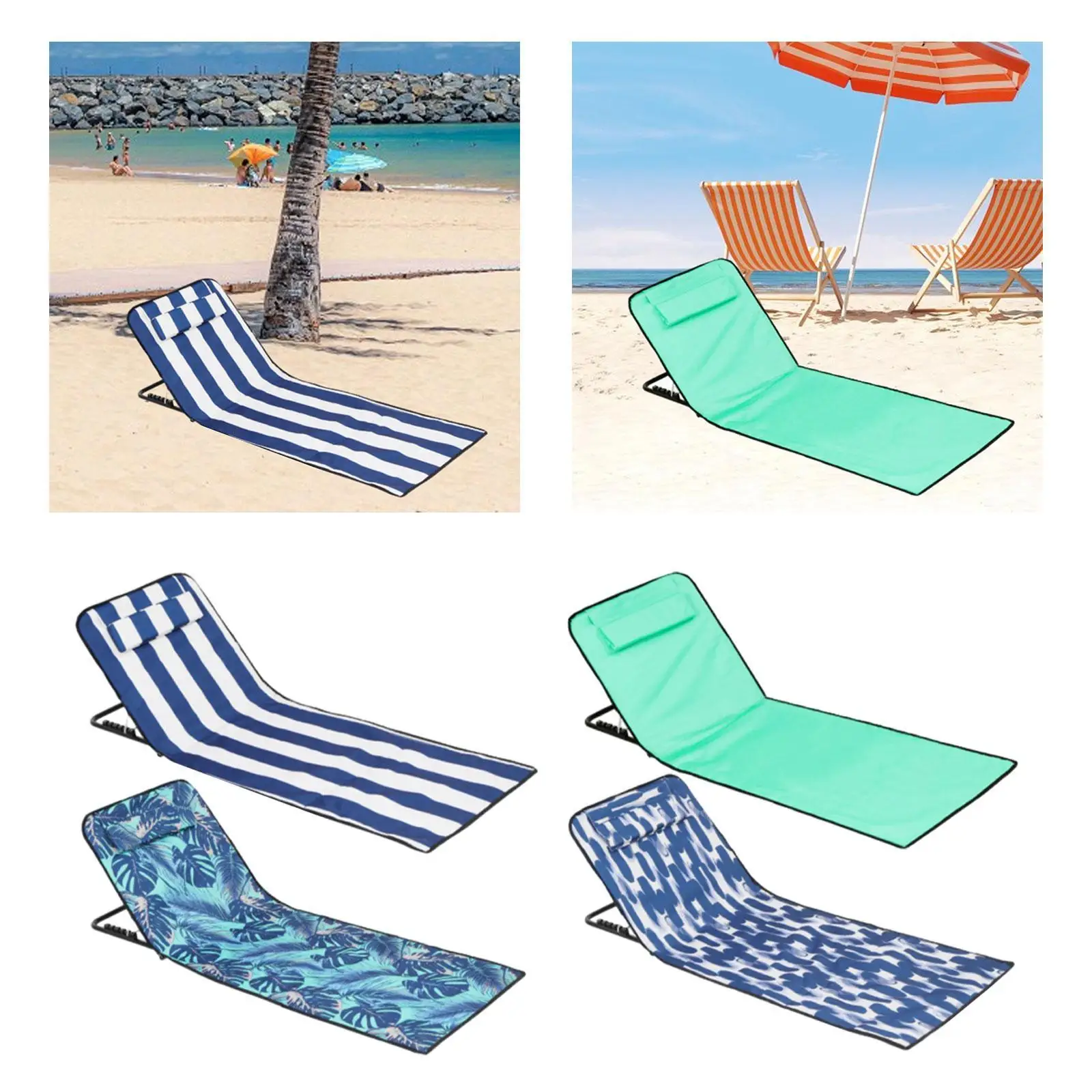 Folding Beach Chair with Back Support Beach Mat Lounge Chair for Adults Patio Floor Chair for Outdoor Pool Hiking Garden Yard