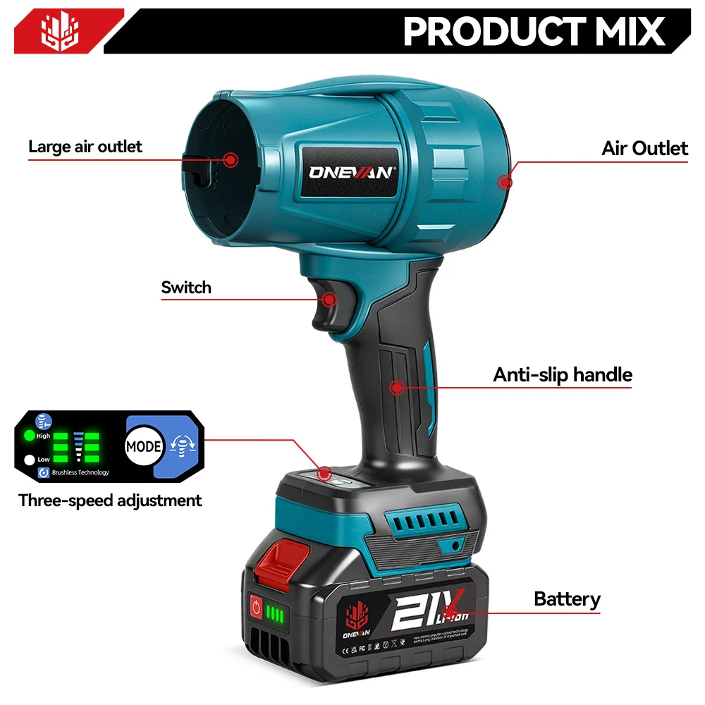 ONEVAN 3500 W Bürstenlosen Elektrischen Turbo Gebläse Cordless Handheld High Power Gebläse Schnee Staub Blasen Für Makita 18 V Batterie pin – Detail 3