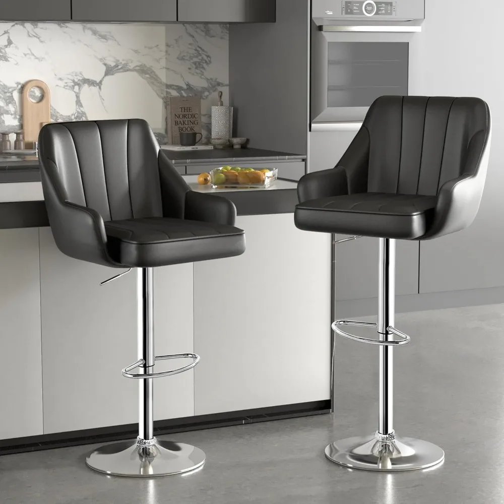 Set of 4 black bar stools - adjustable, swivel, with backrest and armrests, stylish and comfortable