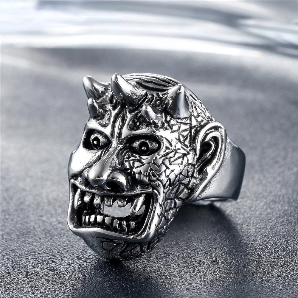 Megin D Stainless Steel Titanium Monster Face Mask Japanese Ins Style Retro Vintage Rings for Men Women Couple Friend Gift Jewel