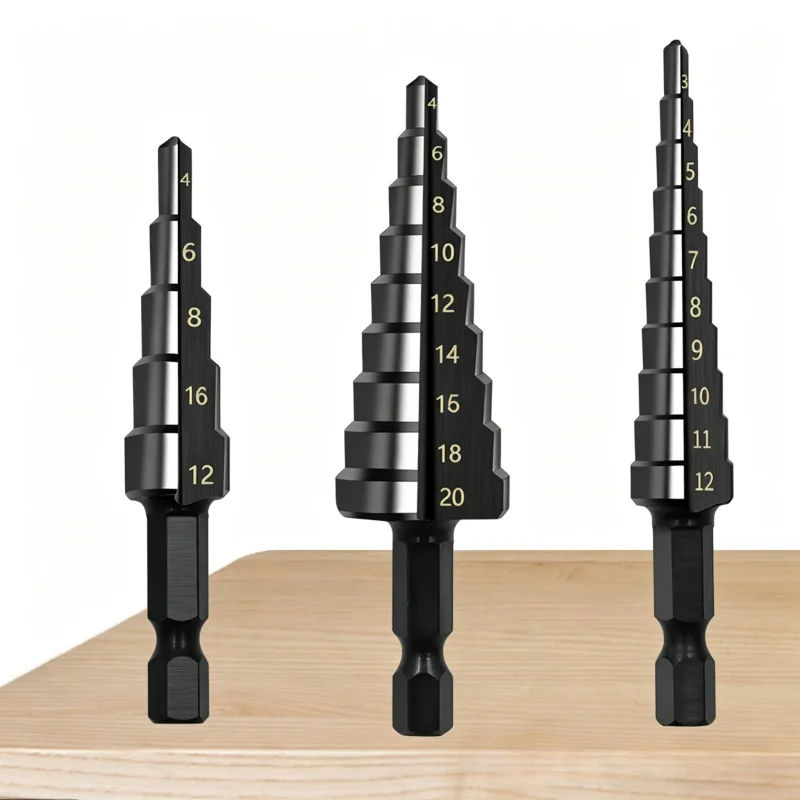 3-teiliges HSS-Stufenbohrer-Set mit gerader Nut, Sechskantschaft, Titanstahlbeschichtung, für Holz und Metall, Kegelbohrer, Elektrowerkzeuge – Detail 3