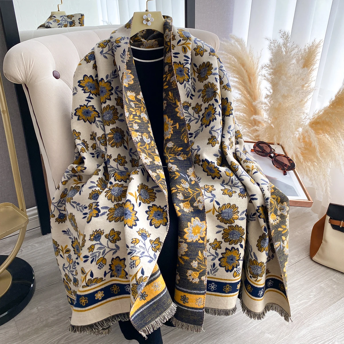 

Ladies Autumn Winter Double Sided Jacquard Scarf Shawl With High End Flower Design Premium Imitation Cashmere And Thickened