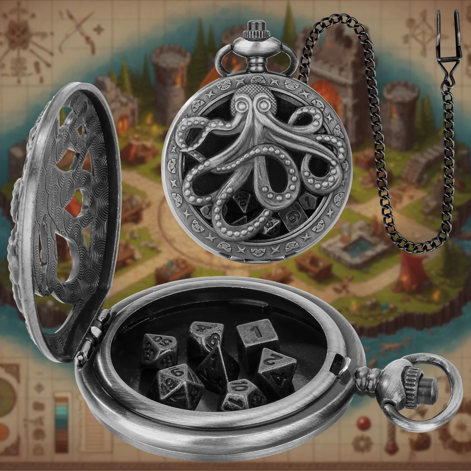 Hollow Pocket Watch Dice set Dragon Dice Pocket Watch Case for Gifts DND Dice Case with Mini Metal Dice Set Pocket Watch shell