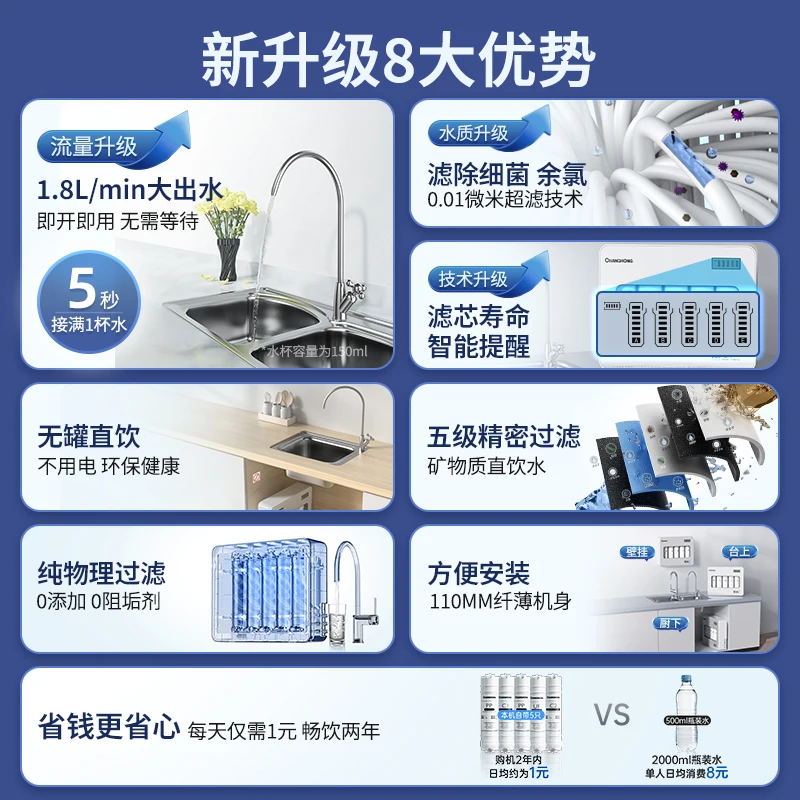 Purificador de água doméstico, torneira de água para beber direto da cozinha, pré-filtro, ultrafiltração de cinco estágios, novo estilo