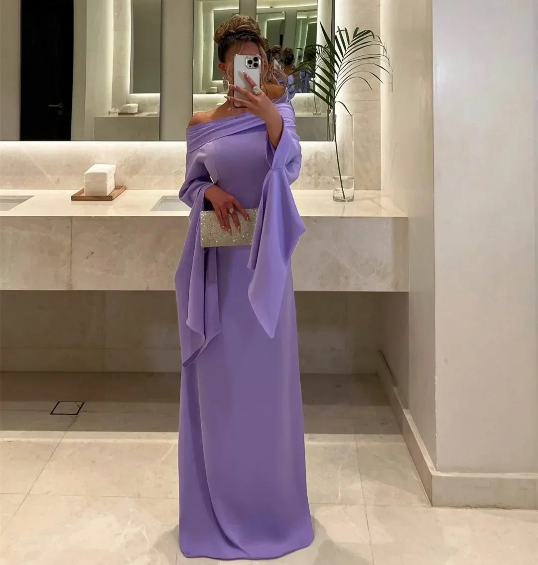 Customized Elegant Long Lilac Pleated Evening Dresses with Sleeves Mermaid Boat Neck Floor Length Prom Dresses for Special Ocn