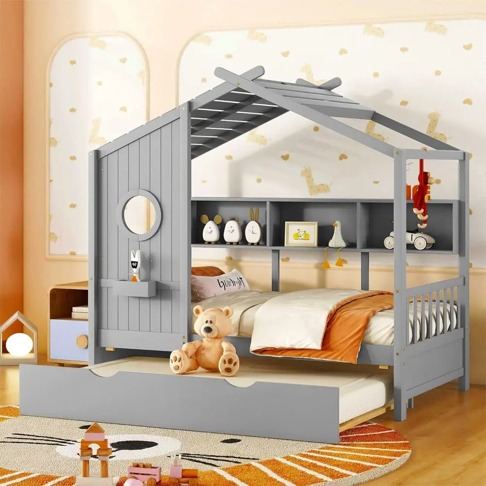 

Twin Size House Bed with Roo and Window or Kids, Wooden Playhouse Bed with Storage Shelves and Trundle or Bedroom urniture Girls