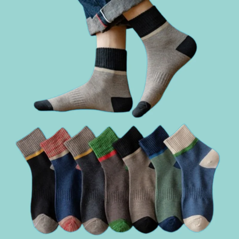 

7/14 Pairs New Colorblock Men Spring And Autumn Middle-tube Socks Cotton Antibacterial Cotton Casual Socks Winter Black Socks