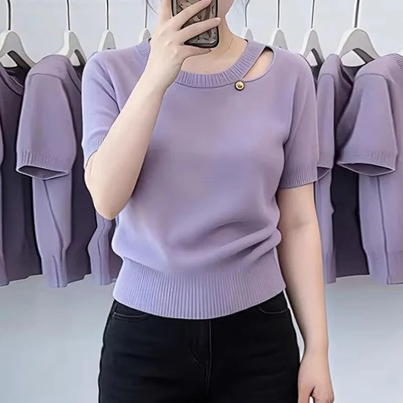 

Knitted Sweater Women Pullovers O-Neck Hollow Out Knit Sweater Pullover Women Tops New Summer Short Sleeve Sueter Feminino Q3871