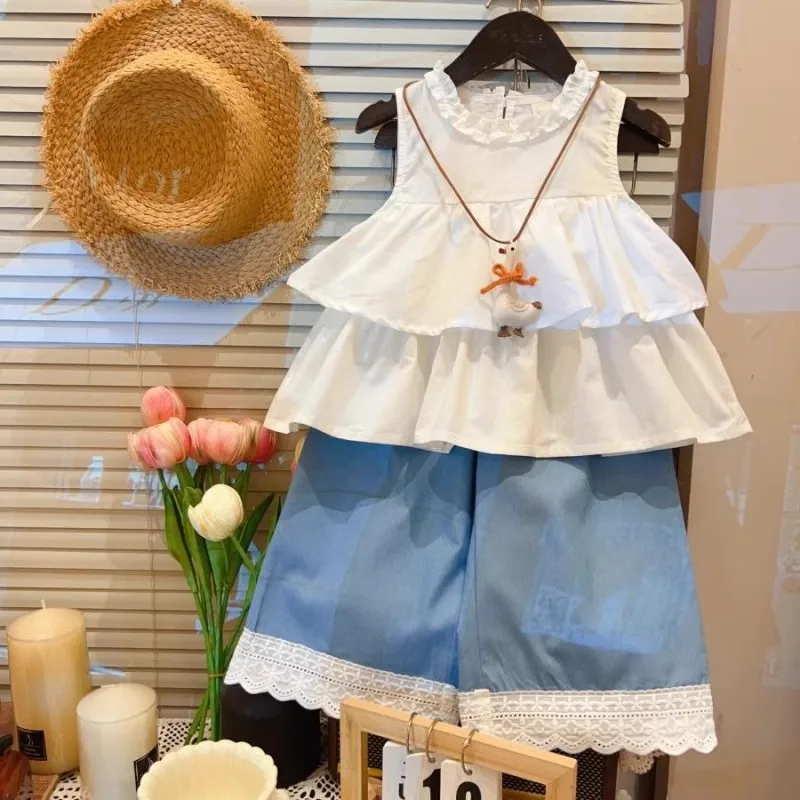 

TOY-Girls' Summer Cool Set2025Summer New Sweet Baby Sleeveless Lace Vest and Casual Wide-leg Pants Two-piece Set
