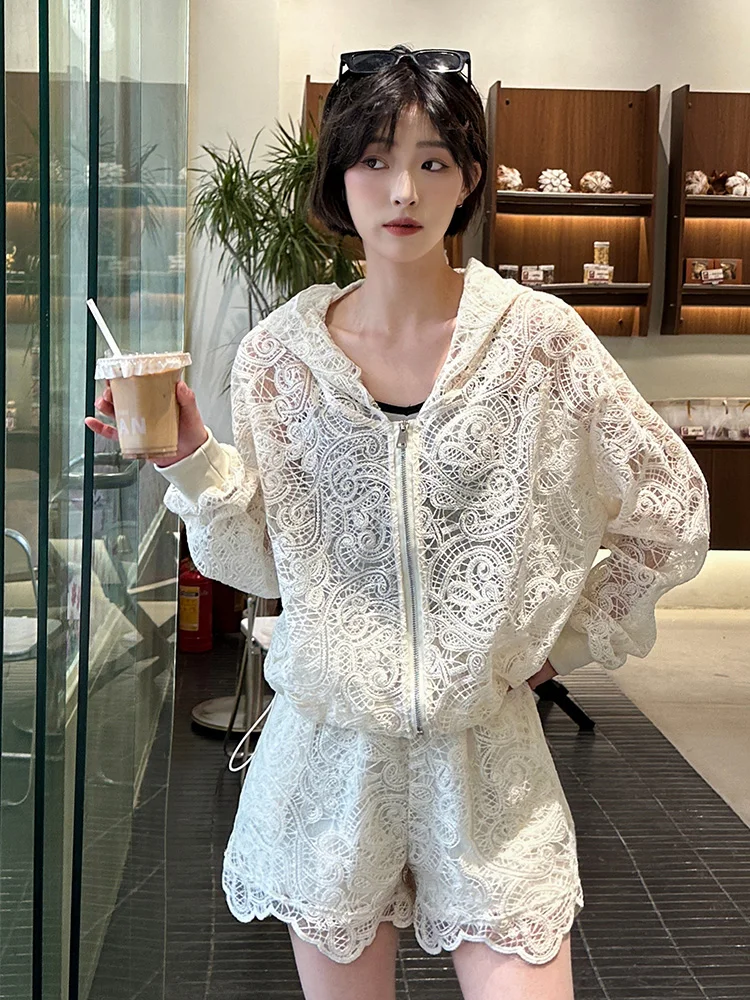 Spring Summer New Lace Set Hat Jaet Women ort Thin Hollow out Anti Aging Versatile Slimming Top Two Piece Set Sweet Sle