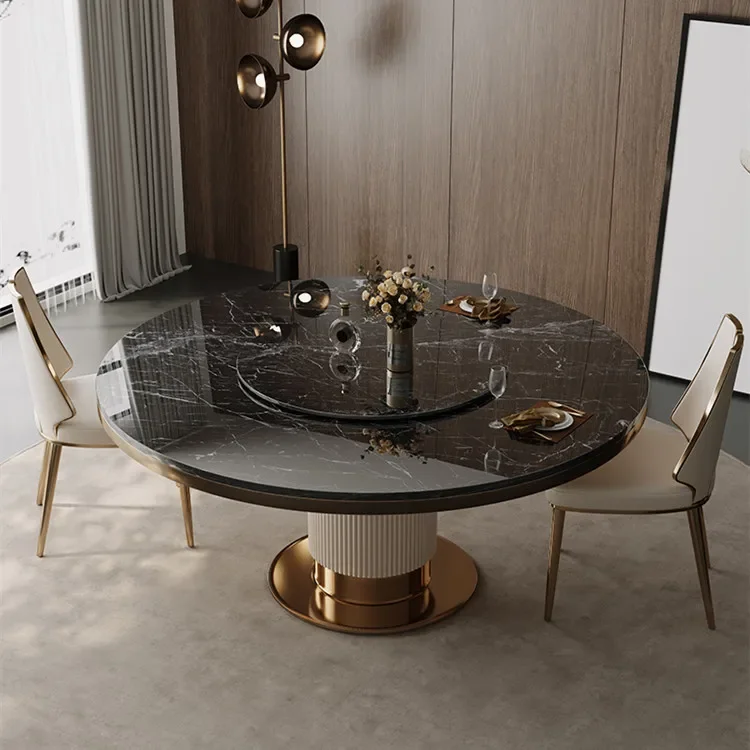 Luxury White and Gold Rock Slab Dining Table Set Modern Light Luxury Dining Room Furniture Round Dining Table Set New