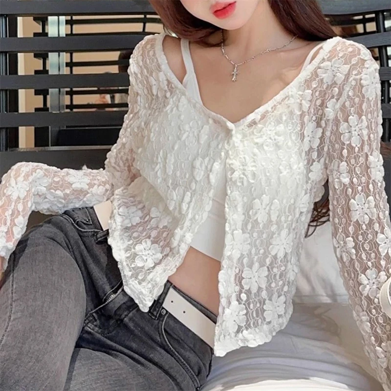 1Pcs Sunscreen Long Sleeved Coat Lace Cardigan Women Tops Summer Thin Outerwear Hollow Perspective