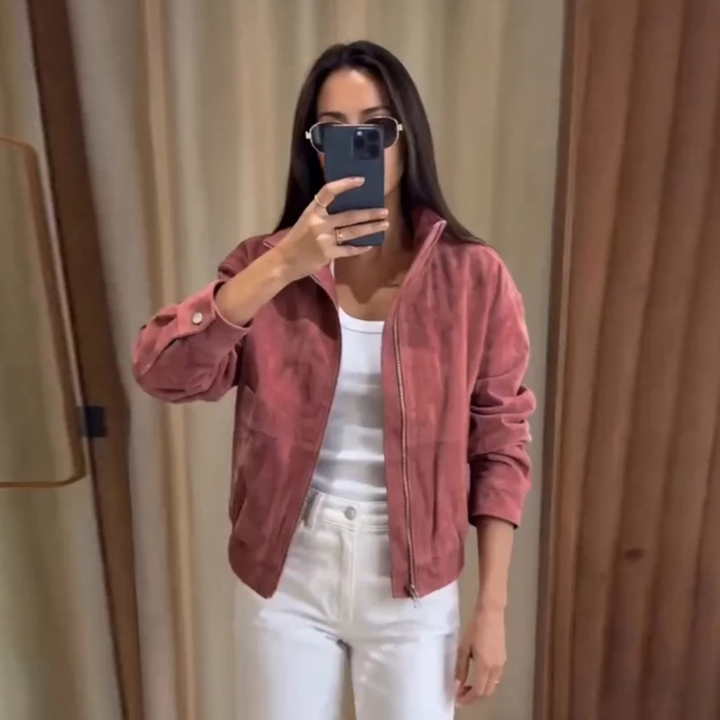 Lässige Damen-Wildlederjacke mit Stehkragen, durchgehendem Reißverschluss, langen Ärmeln und Taschen, Damenmantel, Herbst/Winter 2026, Damen-Oberbekleidung, Neu – Detail 7