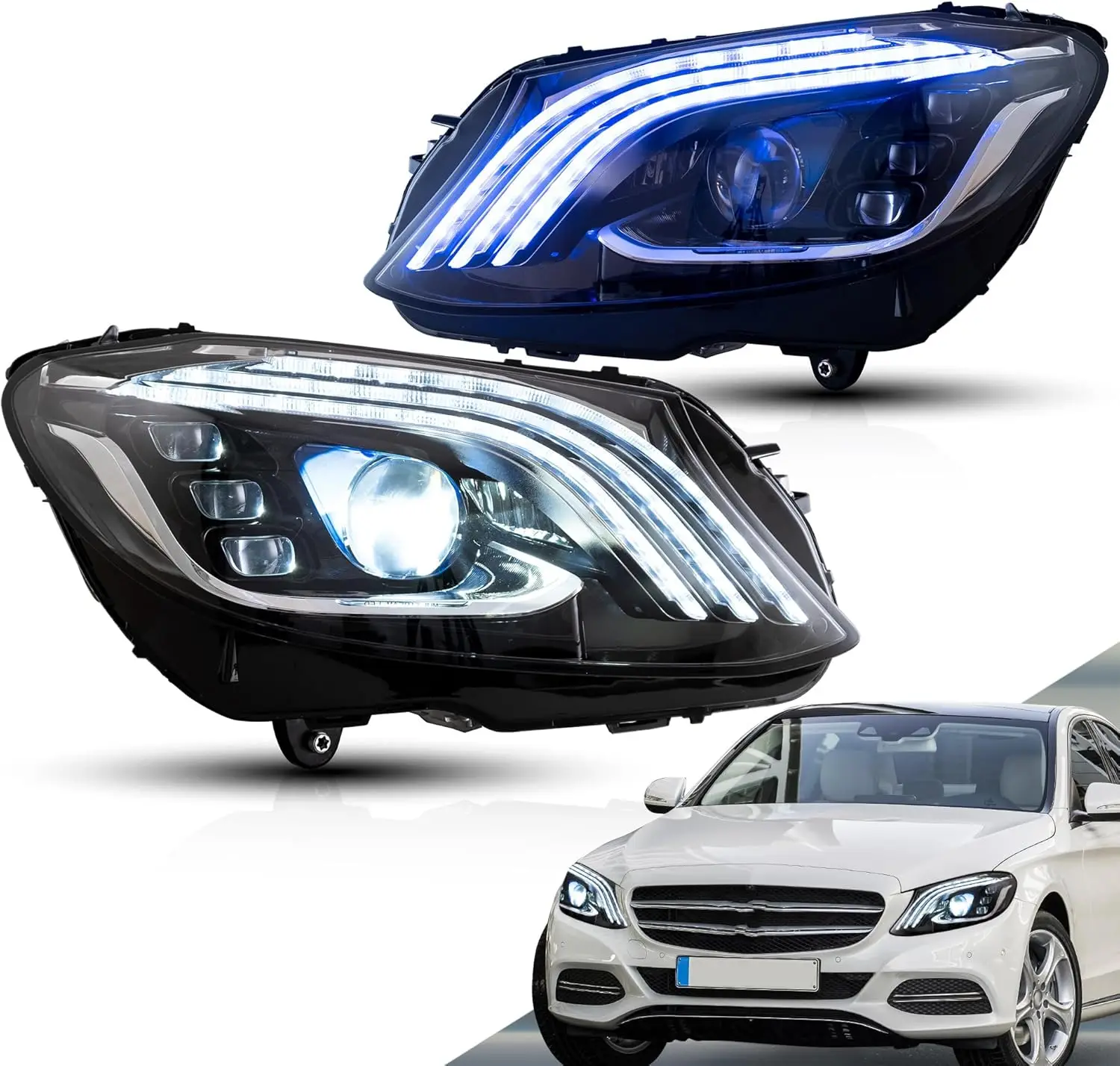

Светодиодные фары, совместимые с Mercedes Benz W205 C-Class 2015-2021, с динамической анимацией и синей подсветкой с функцией автоматической регулировки.
