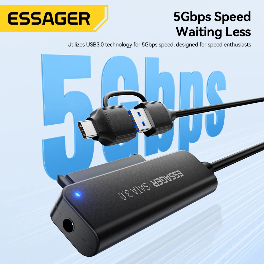 Essager 2 في 1 SATA إلى USB 3.0/Type-C محول USB-C USB3.0 محول القرص الصلب لمحرك الأقراص الصلبة SSD الخارجي 2.5 بوصة للكمبيوتر الشخصي