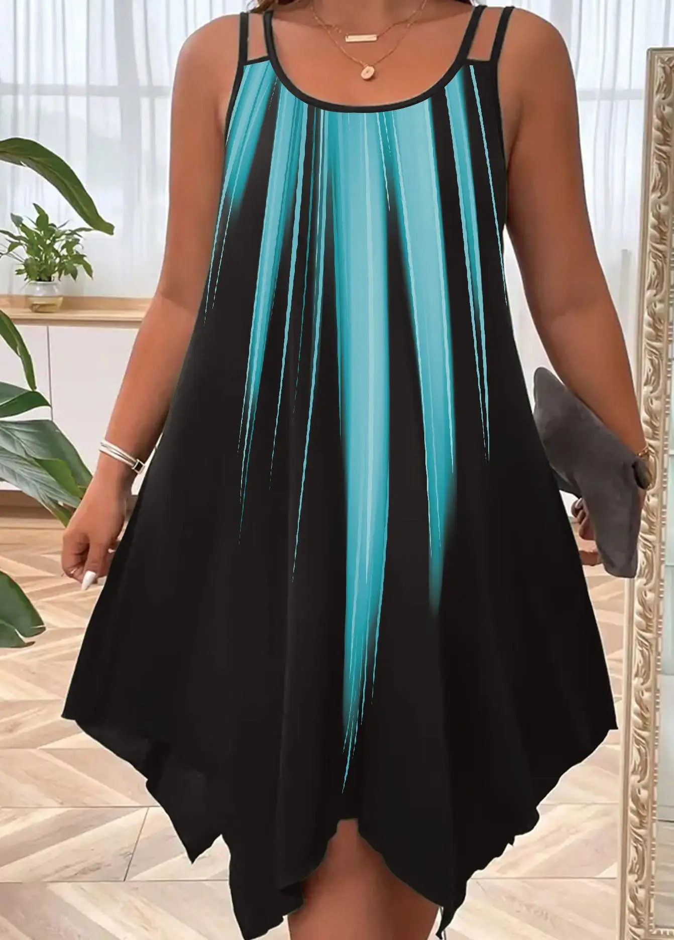 Plus-size women's fashionable bohemian style double strap gradient printed dress